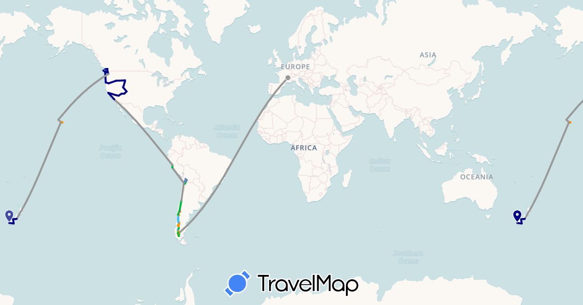 TravelMap itinerary: driving, bus, plane, cycling, hiking, boat, hitchhiking in Argentina, Bolivia, Canada, Chile, France, New Zealand, Peru, United States (Europe, North America, Oceania, South America)